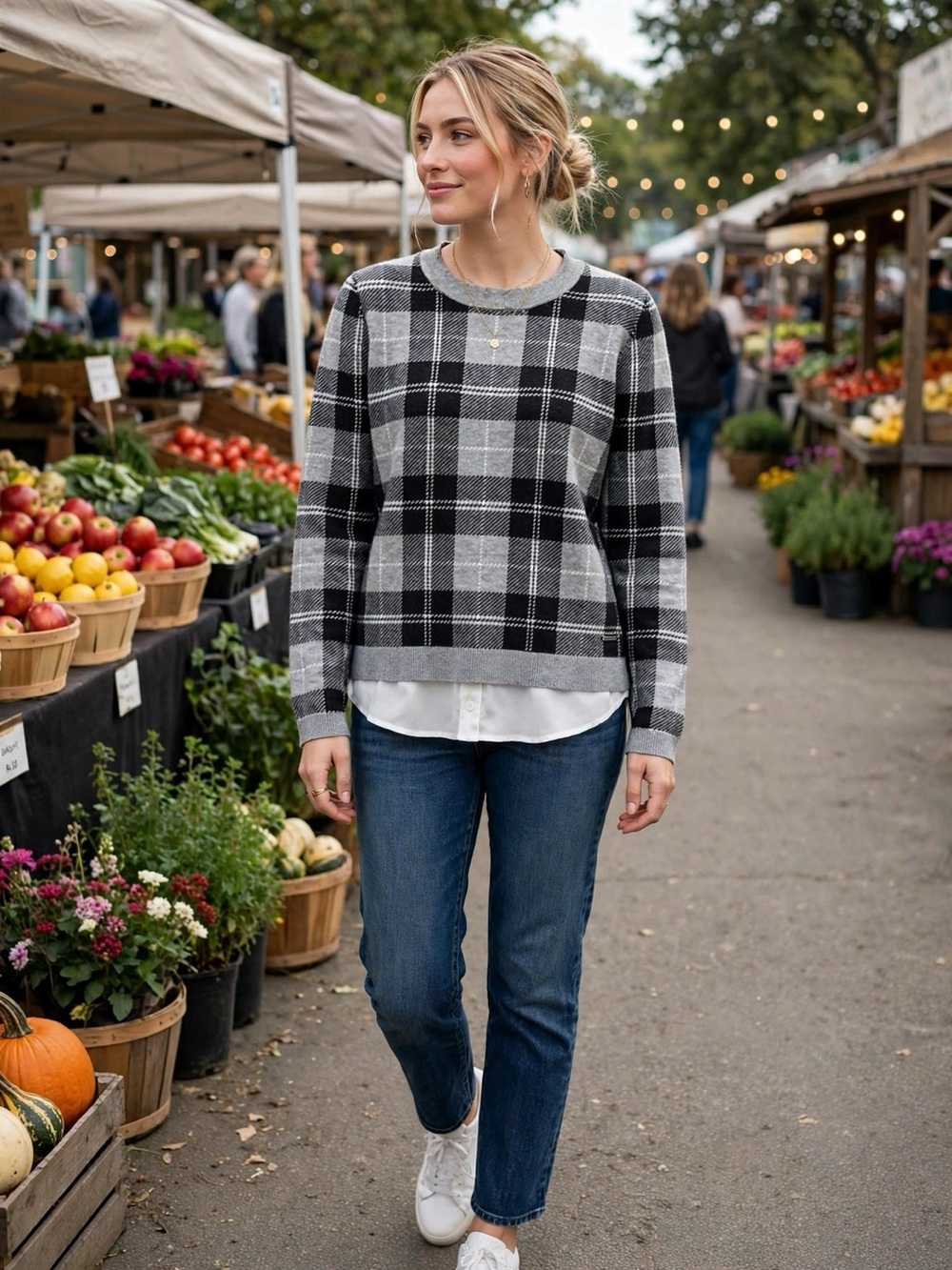 Anne Klein Gray Black Plaid Crewneck Sweater White Shirttail Hem Preppy | S